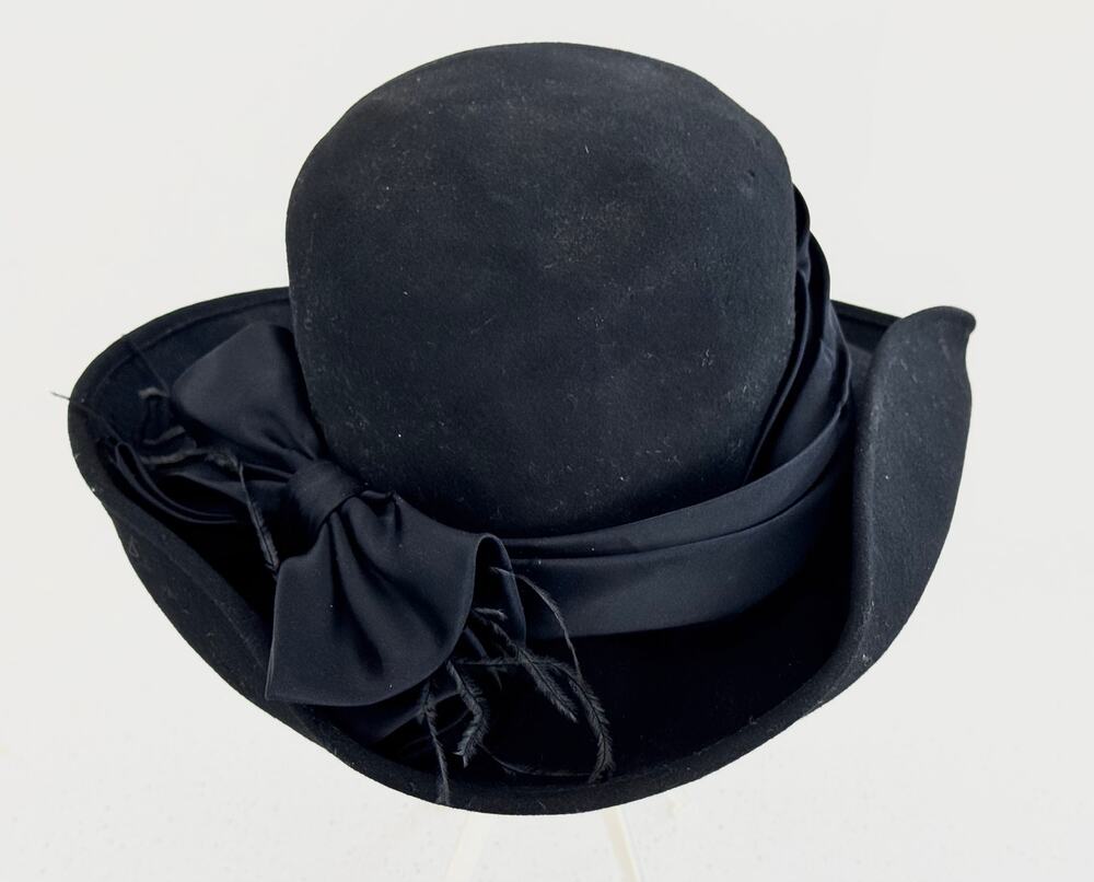 Betmar Black Wool Felt Cloche Hat Bow & Feather Accents | Includes Sunglasses